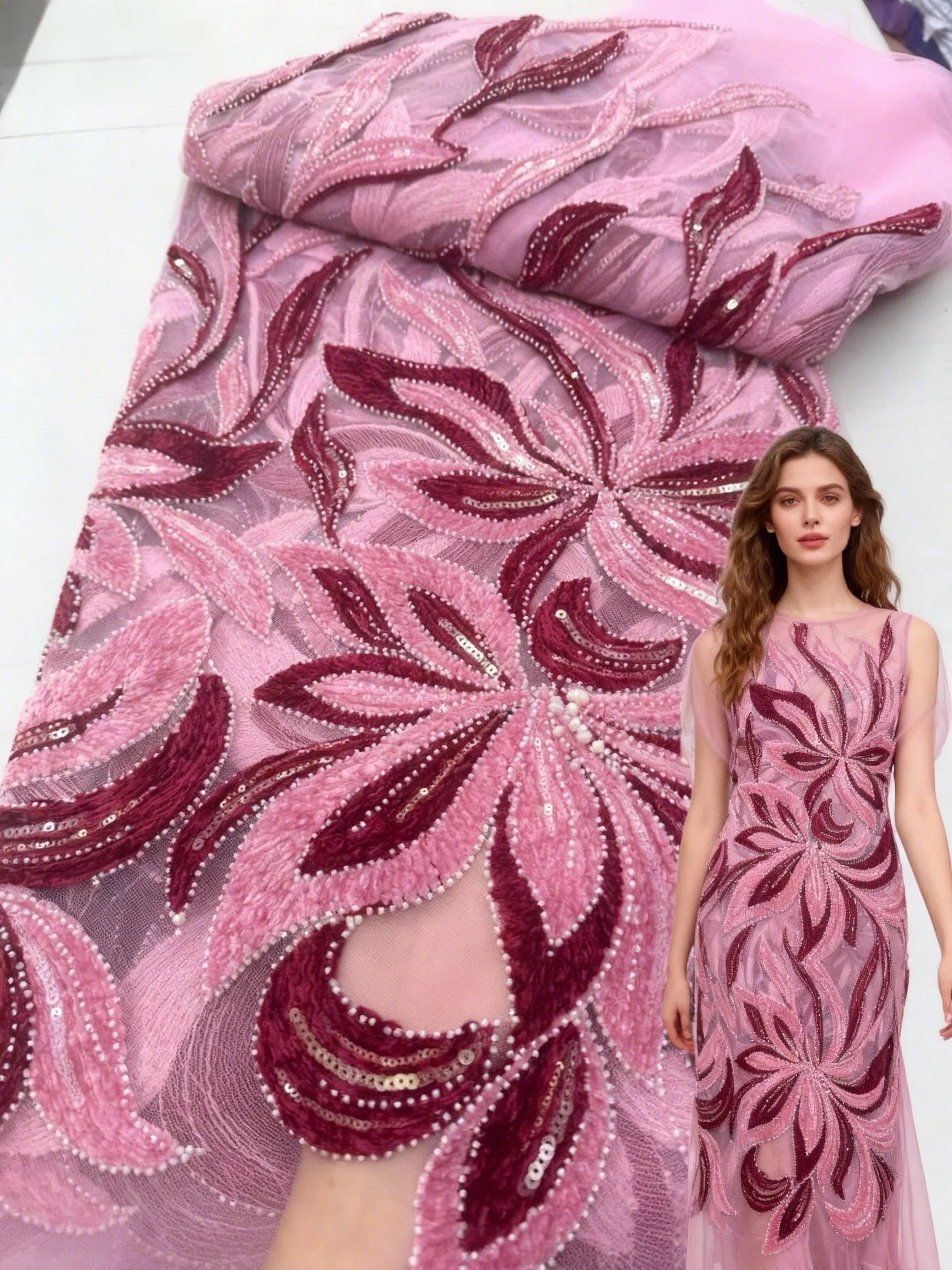 

2026 Luxury Pink Embroidery French Beaded Lace Fabric African Nigerian Sequins French 3D Lace Fabric For Wedding Dresses Sewing