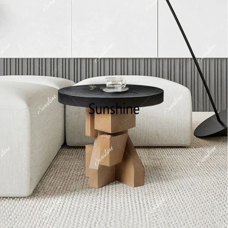 Mesa Lateral Preta para Sala de Estar, Design Redondo, Mesa de Centro Nórdica Estética em Madeira, Mesa de Canto Pequena Moderna, Móveis para Sala