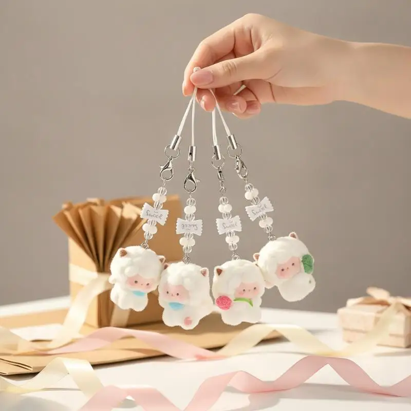 Cute Flocking Sheep Keychain For Women Mini Lamb Doll Pendant DIY Handmade Bag Charms Phone Strap Car Keychain Accessories Gift