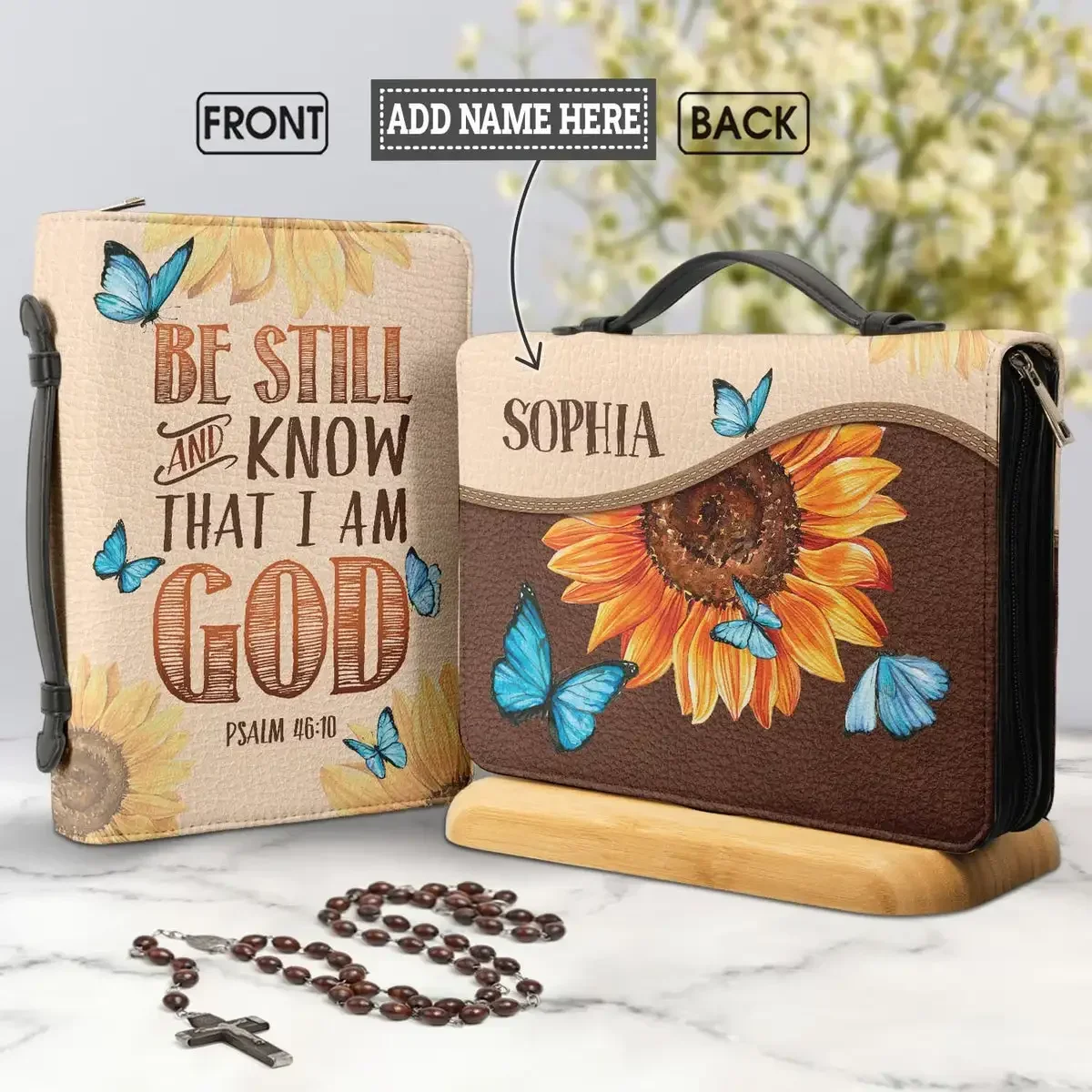 

2024 Women's Personalized Bible Cover Sunflower Butterflies Bible Verse Print Church Bible Bag PU Handbags Holy Storage Boxes