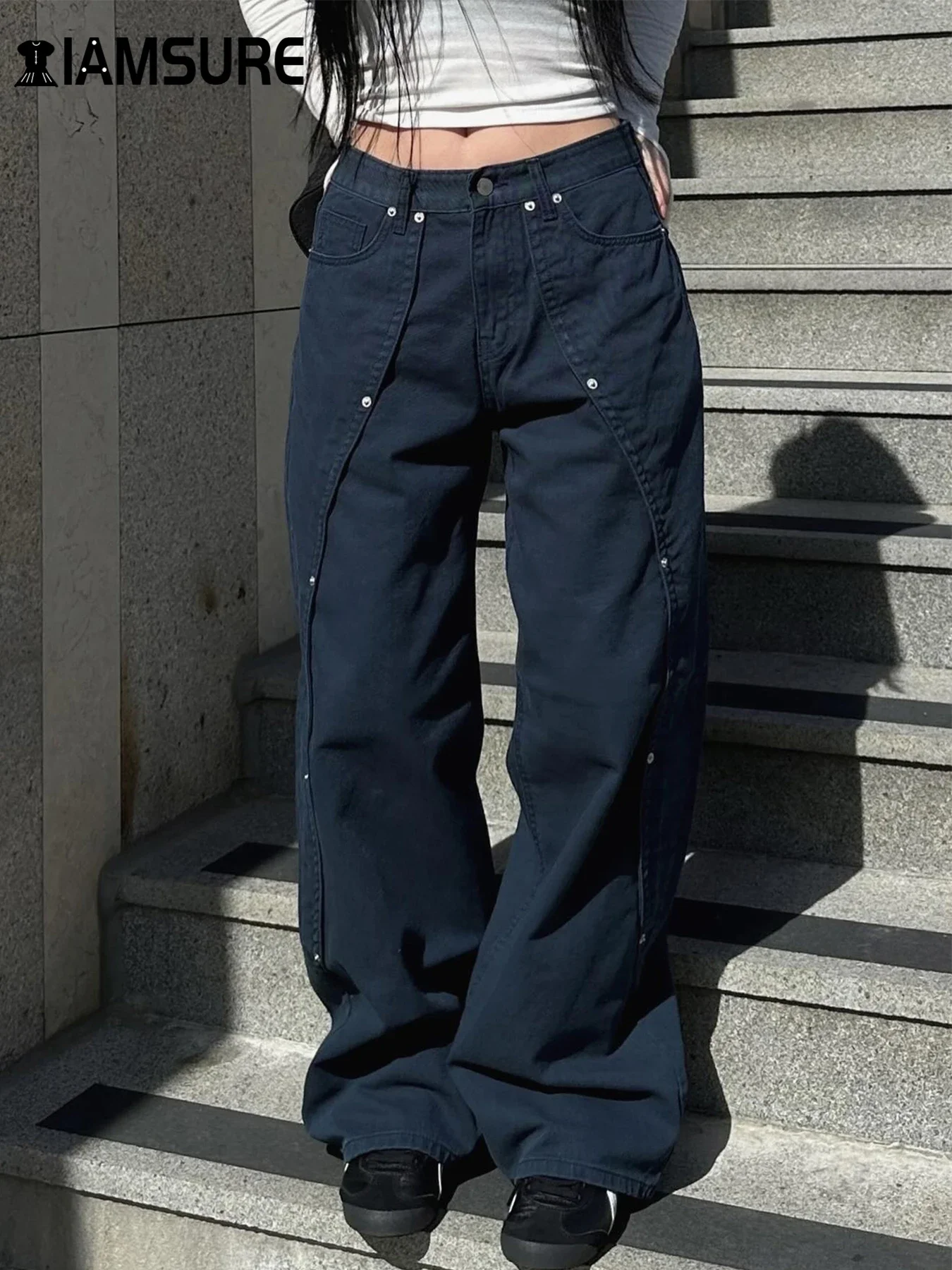 

Casual Loose Rivet Jeans Wide Leg Pants Basic Low-Waisted Straight Pants Women 2025 Spring Autumn Streetwear Ladies