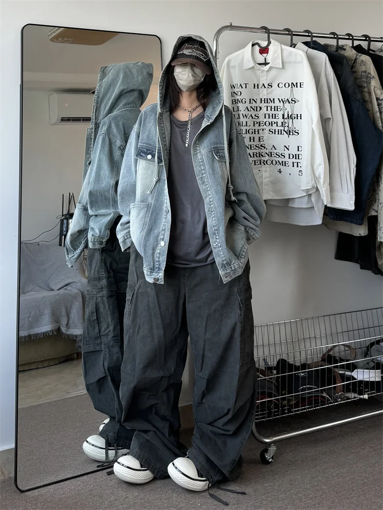 

Ретро джинсовая куртка свободного кроя с капюшоном для пар, весна-осень, модная, в американском стиле, большие размеры