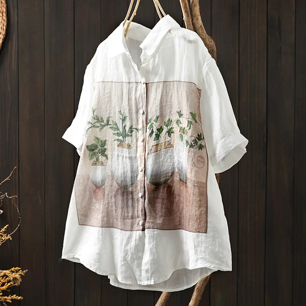 Summer trend blouses 2024 Japan style linen shirts and blouses for women original short sleeve print white shirts with designs