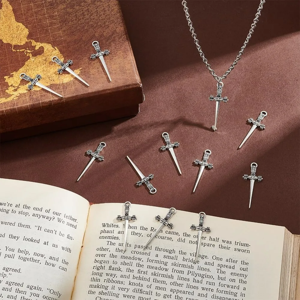 About 60pcs Alloy Dagger Pendants Antique Silver Sword Pendants Bookmarks Charms for Book Lover Metal Dagger Pendants Anime