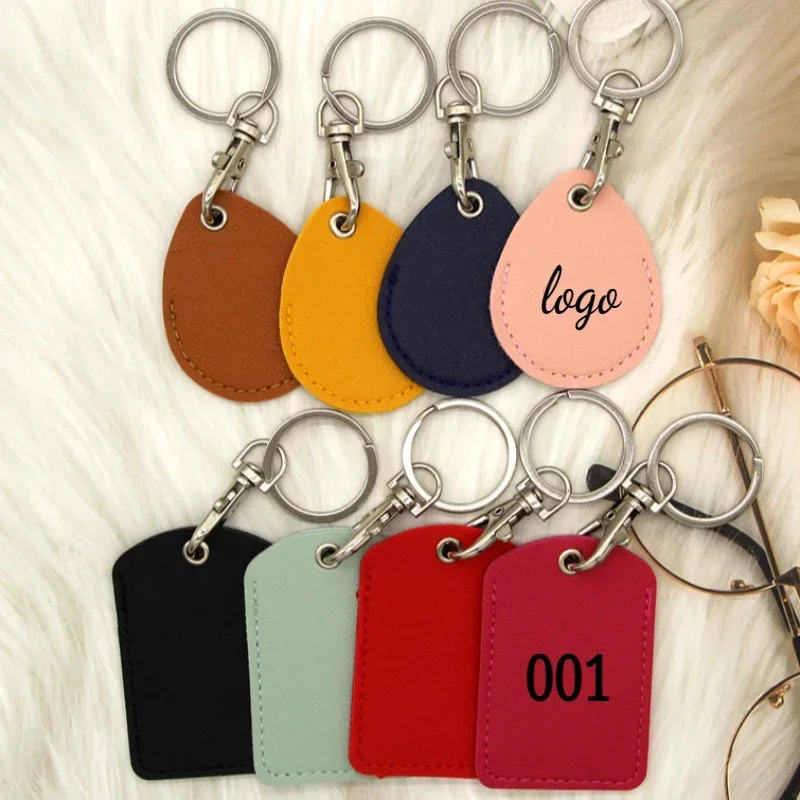 

Laser Engrave Logo Access Card Holder Water Droplet Leather Keychain for air tag Personalize Rectangle Keyring Custom Key Chain