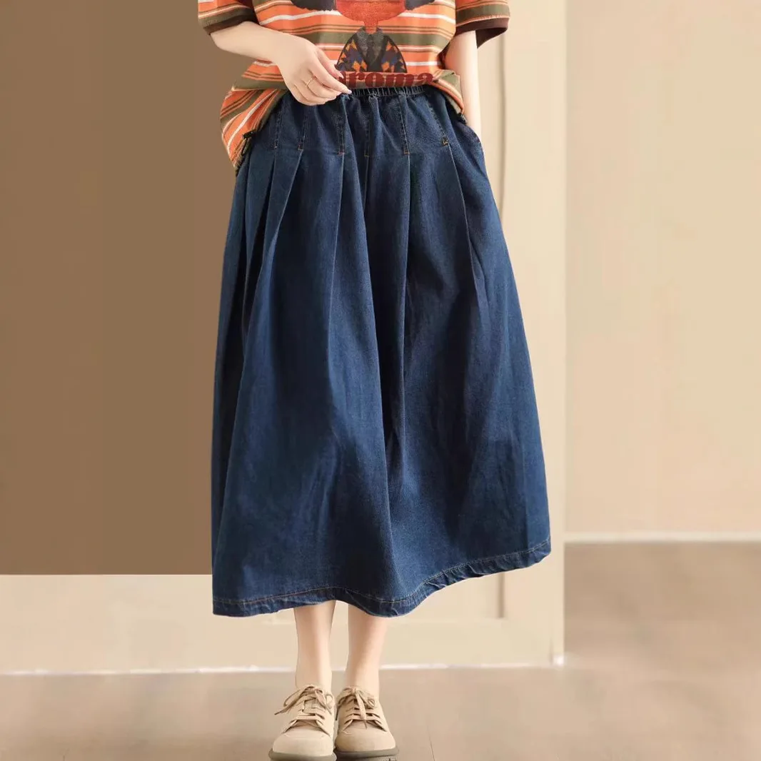 Spring Summer New Fashion Denim Skirt for Women Japan Style Harajuku Elastic Waist Solid Color Vintage Loose Casual A-line Dress