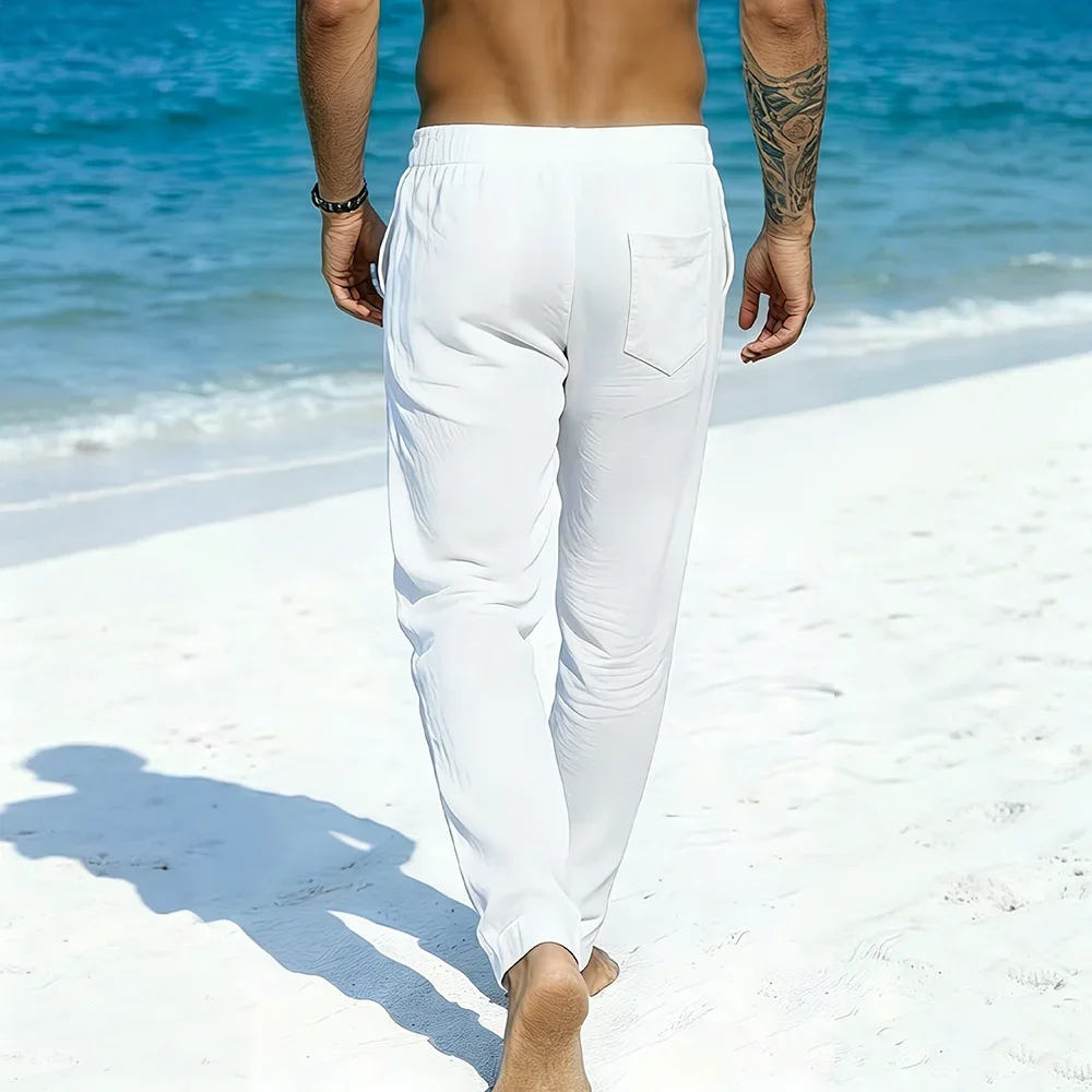 Herren Freizeithose aus Baumwolle und Leinen, Leicht und Atmungsaktiv, Einfarbig mit Geradem Bein und Elastischem Bund, Klassische Herrenhose – Detail 3