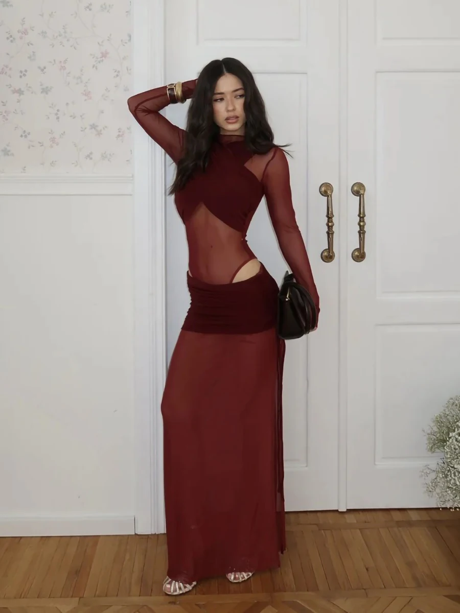 Blubelle Women's Transparent Fashionable Long Skirt 2026 New Pleated Hip Drawstring Skirt Suitable for Night Parties and Dates