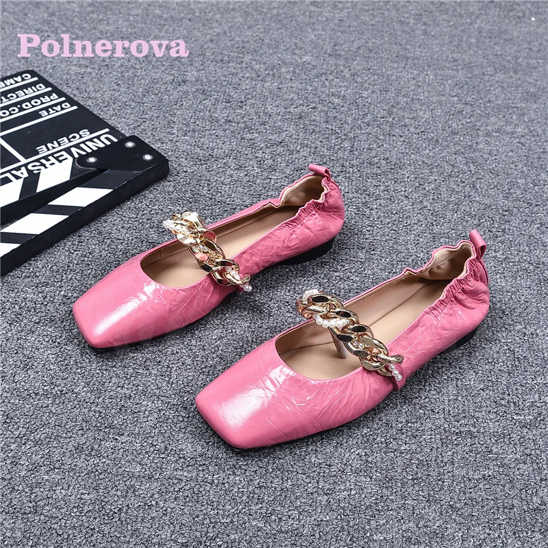 Wrinkled Leather Metal Buckle Half Slippers Shallow Mouth Chain Low-Heeled Shoes French High-End Sandals Women's Outerwear Shoes