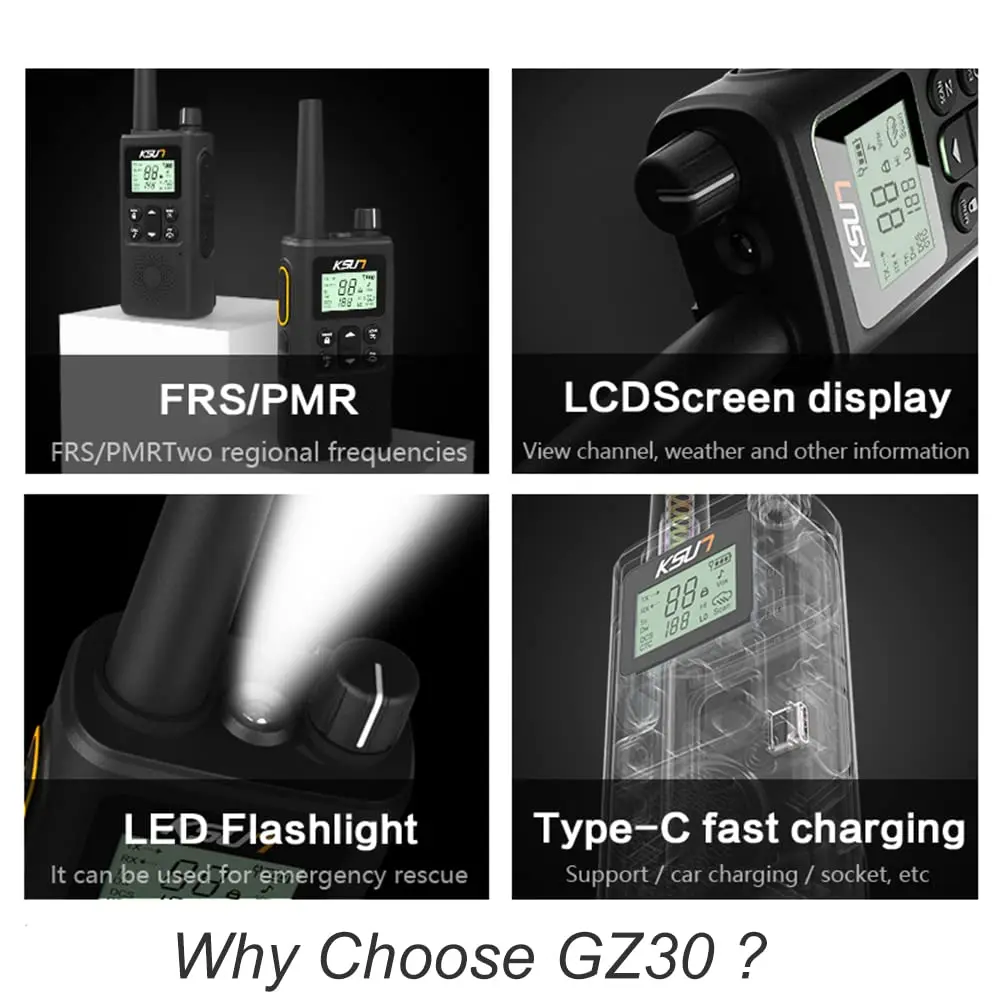 KSUN GZ30 8 واط توقعات الطقس نوع-C مصباح ليد جيب الخلفية يده طويلة المدى PMR FRS اتجاهين راديو لاسلكي تخاطب