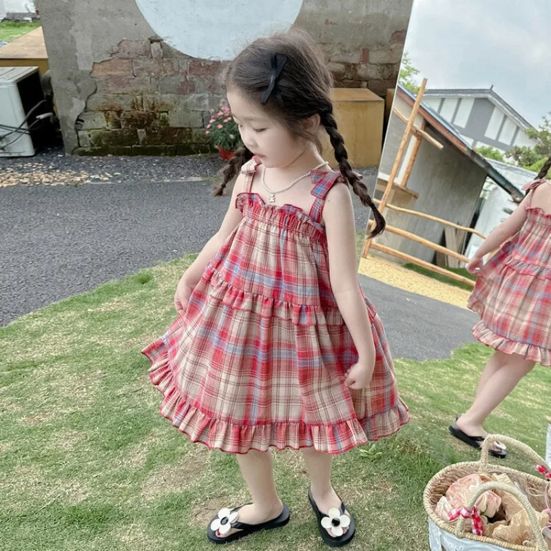 New Sweet Girl's Checkered-Dress with Panel Ruffles Summer Cotton Sling Skirt Baby Party Dress Children's Birthday Gift Clothes