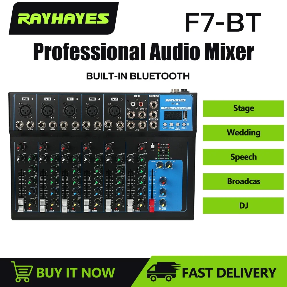 

RAYHAYES F7-BT Professional 7 Channel Audio Mixer Portable Digital Mixer Bluetooth USB Audio Interface for Karaoke Studio