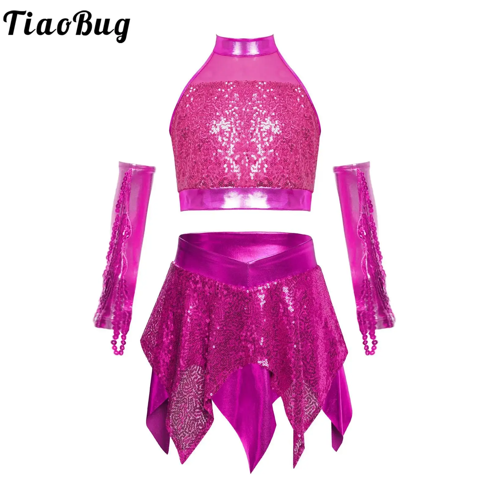 

Kids Girls Sparkly Jazz Modern Dance Performance Outfit Sets Sleeveless Sequins Crop Top with Skirt and Sequined Tassels Gloves
