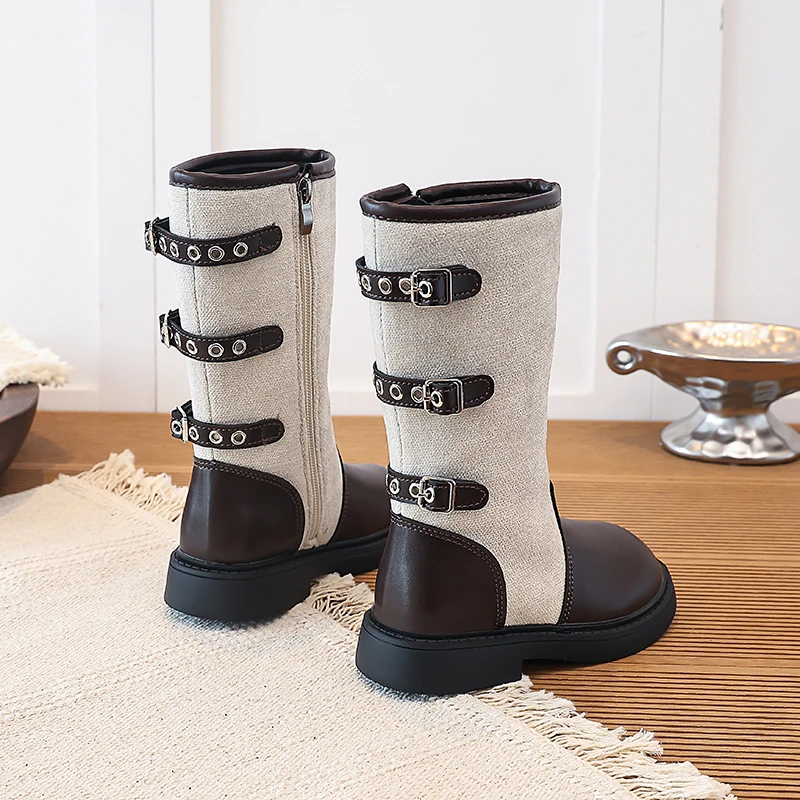 Kids Girls Vintage Color‑Block Tall Riding Boots Side Metal Buckle Side‑Zipper Non‑Slip Casual Boots