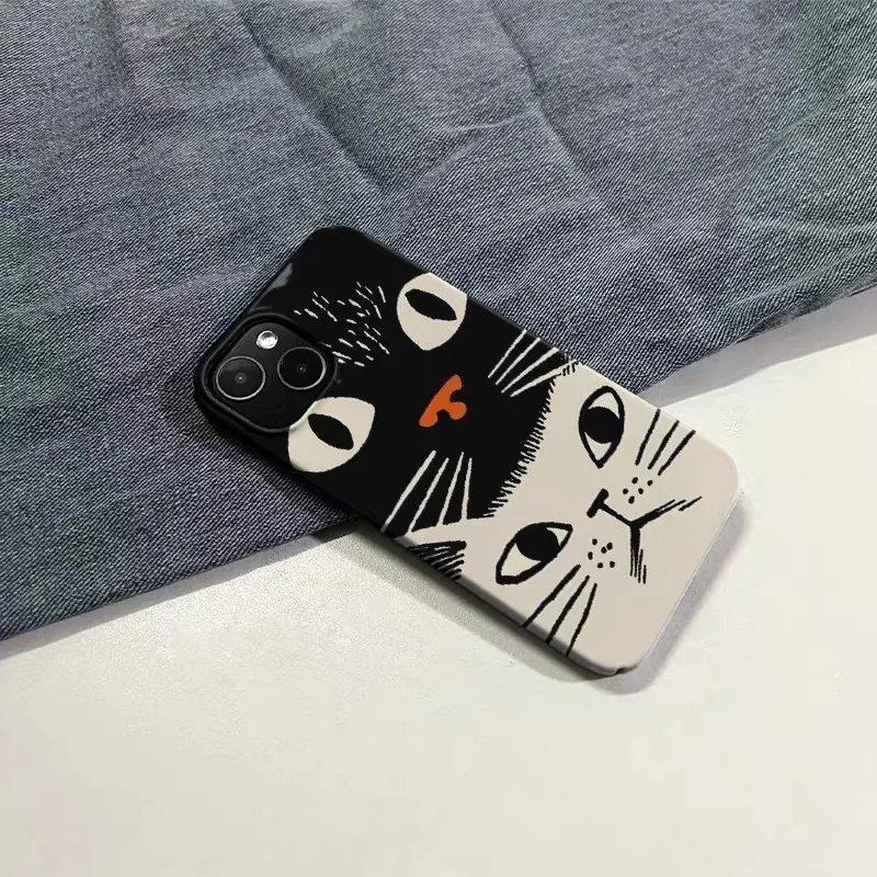 Ins Korean White Black Cat Cartoon Case for IPHONE 17 16 ProMax 15 14 Plus 13 12 MINI 11PRO 16Plus XR XS MAX Acrylic Phone Cover
