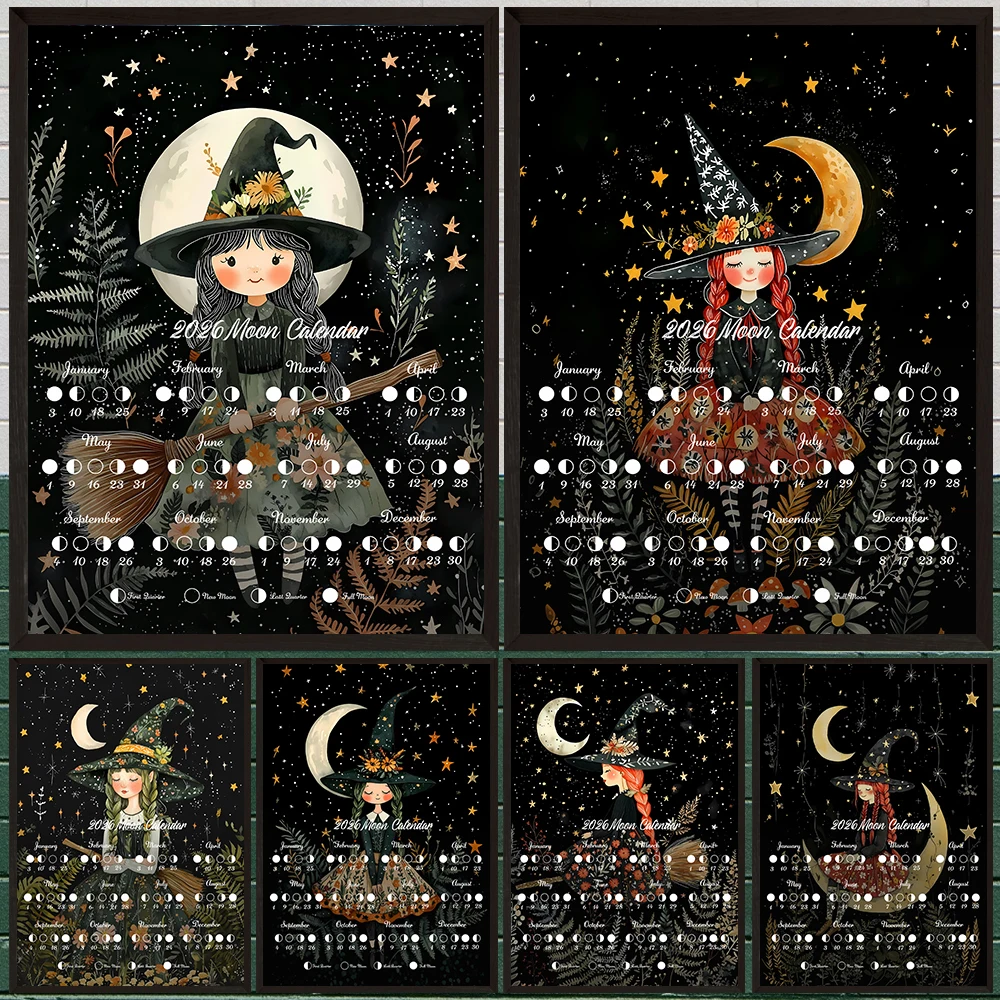 Whimsical Witch & 2026 Moon Phase Calendar Gothic Art Poster Print Forestcore Witchy Cottagecore Lunar Phase Tracker Wall Art