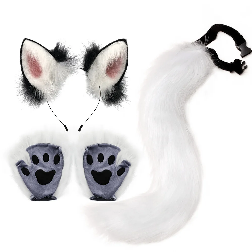 Masquerade Faux Fur Fox Cat Ear Hairband，Long Tail，Beast Claw Gloves Cosplay Accessories Set Animal Costume