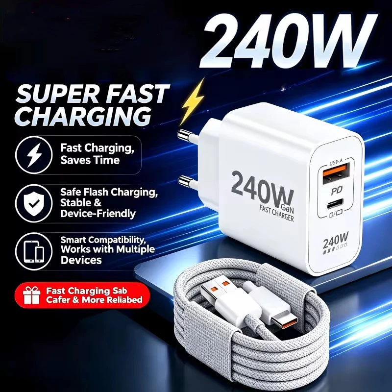 240W Charger GaN Super Fast Charging Phone Charger PD USB Type C Power Adapter For iPhone 18 Pro Max Duo Samsung Xiaomi Charger