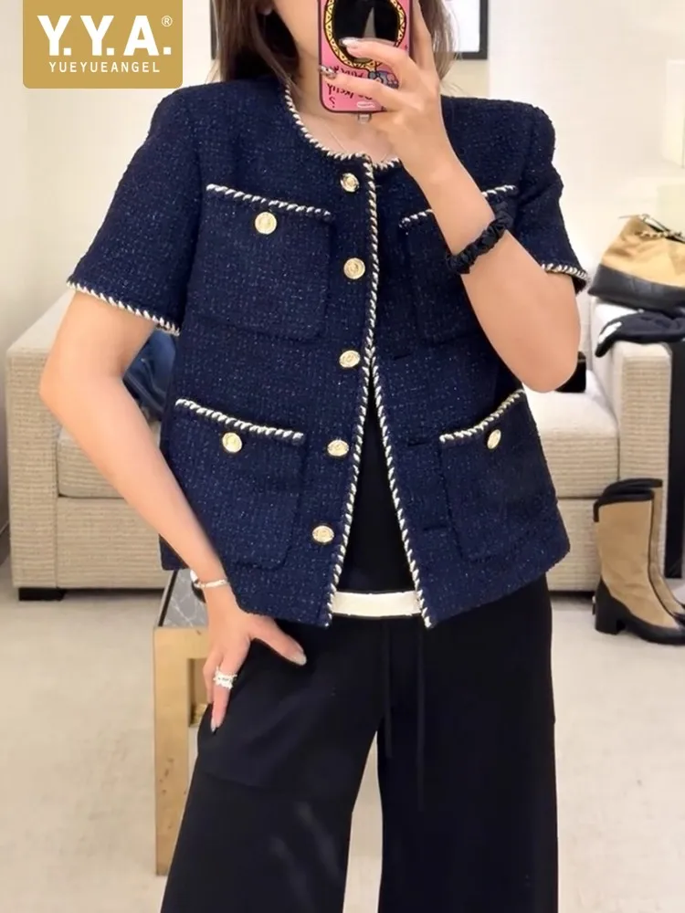 

Fashion Women New Short Sleeve Tweed Jacket Slim Fit Office Ladies O Neck Single Breasted Twill Coat Multi Pockets Casual Jacket