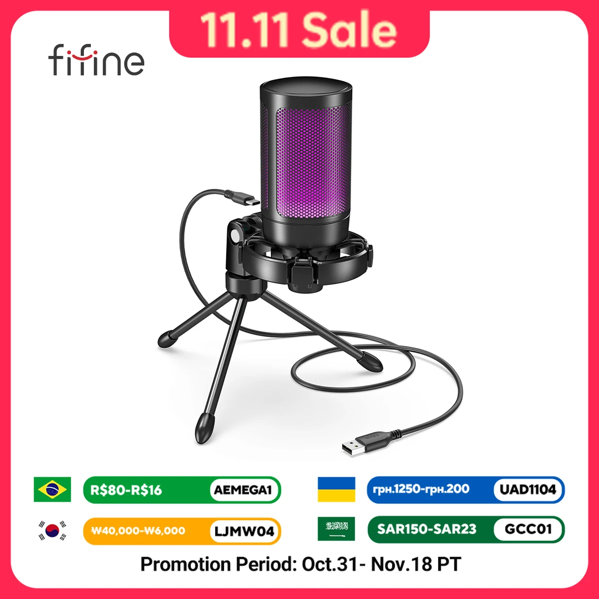AmpliGame by FIFINE RGB USB Gaming Microphone with Light-touch Mute,Condenser Mic with Tripod for PC,PS4/5,Laptop Streaming-A2