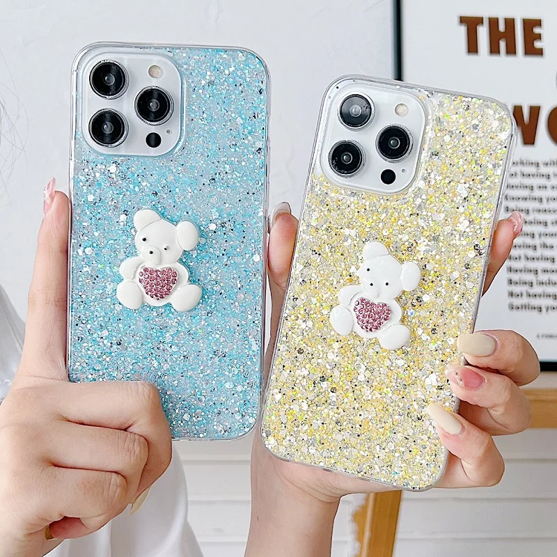 Little White Bear Glitter Phone Case For Realme C53 C55 C30 10 C33 C35 C21 C20 8 i Narzo N53 N55 Bumper Shining Flash Back Cover