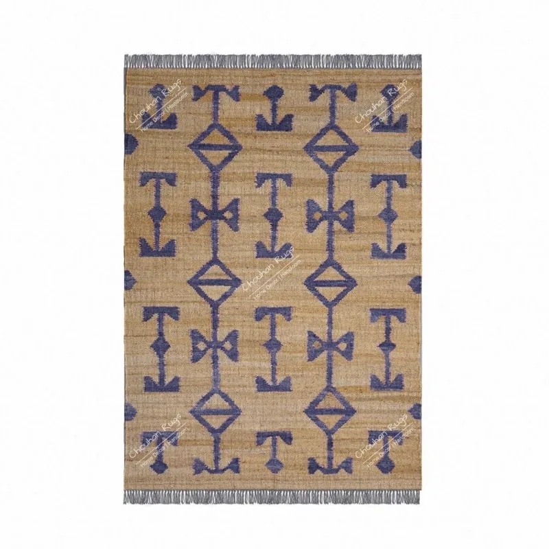 

Natural Jute Handwoven Cotton Rug with Light Blue Design Rug Fringes Jute Rug