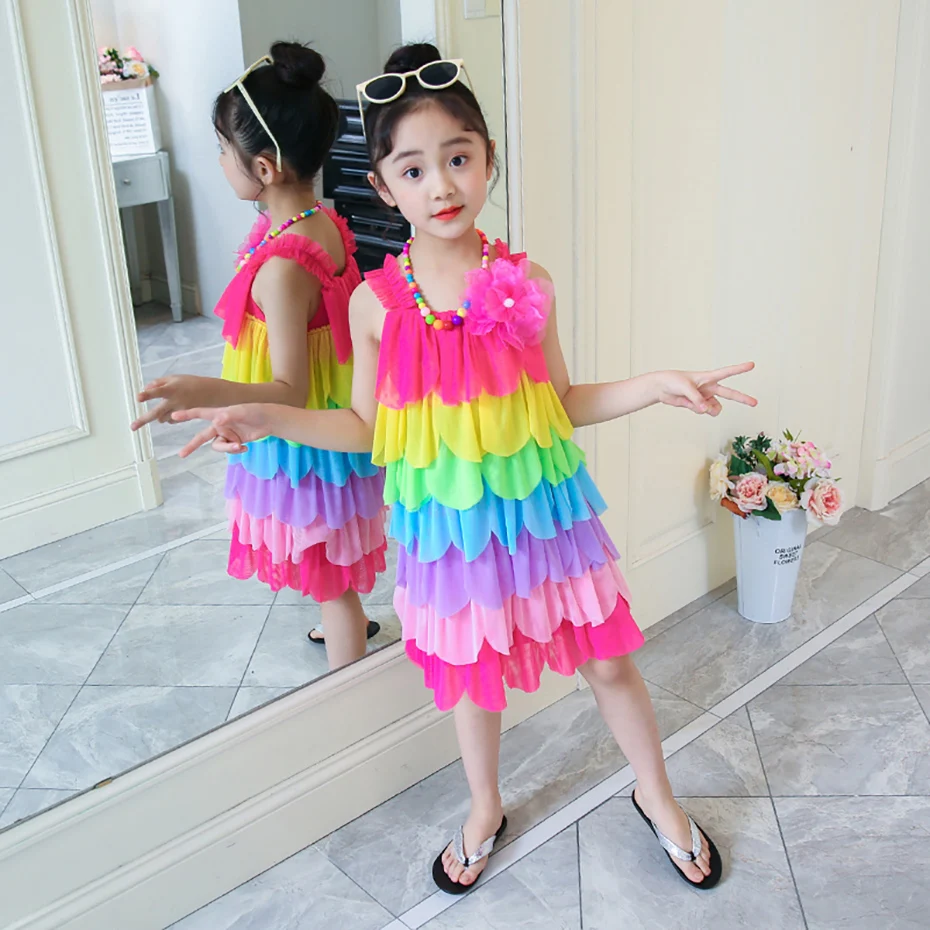 Girls Dress Rianbow Color Dress For Kids Girl Sleeveless Children Dresses Summer Costumes For Girls 6 8 10 12 14