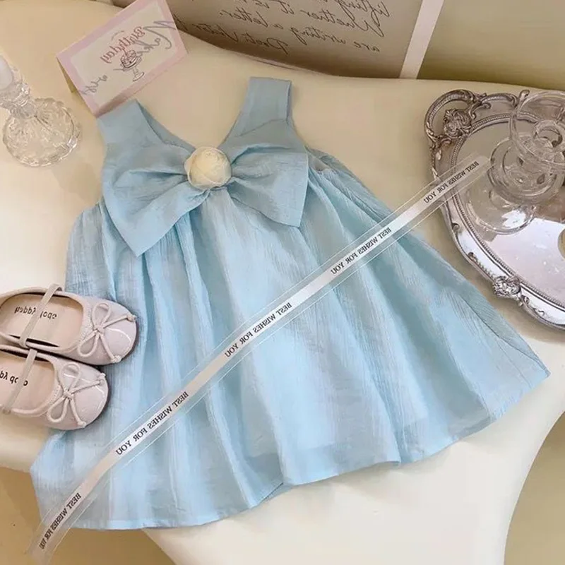 Summer Cotton Bow Solid Color Suspender Baby Girl Dress Korean Version Blue Girl Princess Dress