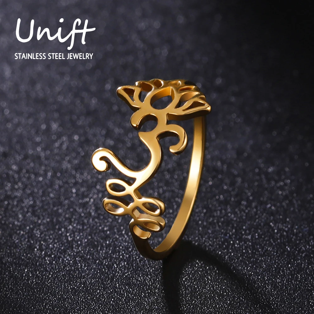 Unift Unalome Lotus Flower Rings for Women Stainless Steel Ring Buddhism Amulet Wedding Band Vintage Yoga Om Meditation Jewelry