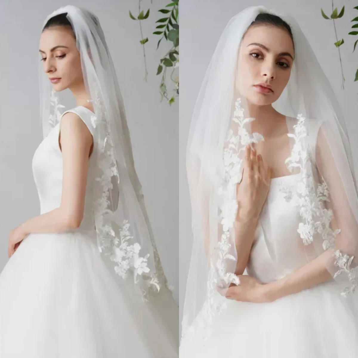 

Illusion Wedding Veil Shoulder Length Two Layer Long Appliques Edge Bridal Veils With Comb Soft Tulle For Bride