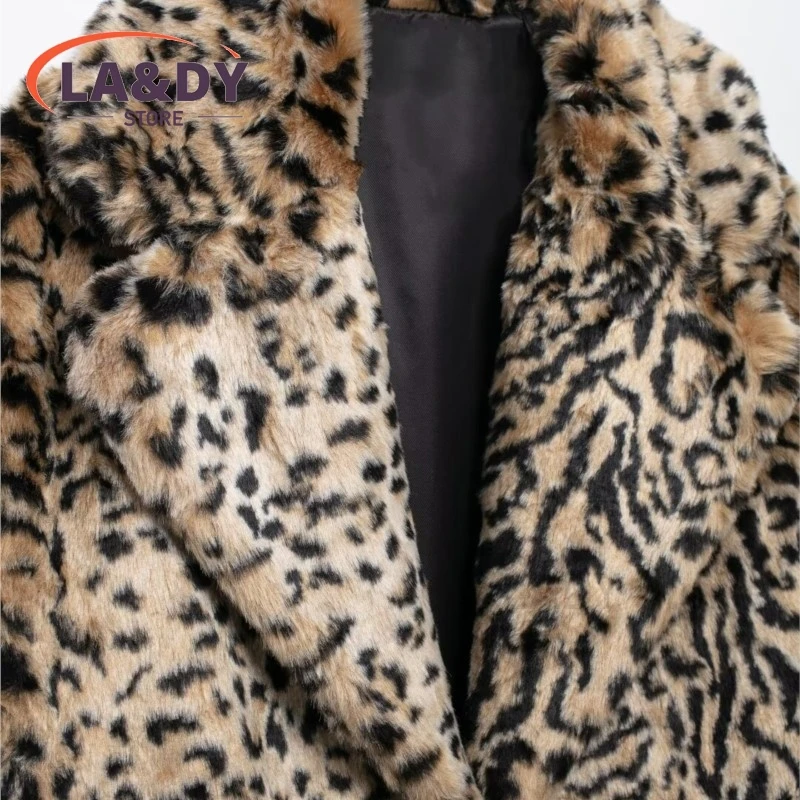 2024 New Winter Women Fashion Thickened Leopard Print Faux Fur Coat  Female Casual Long Sleeve Loose Coat Outerwears