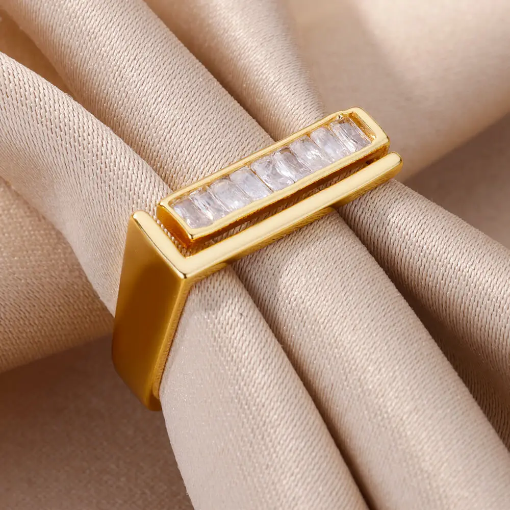 Stainless Steel Square Rings For Women Open Gold Color CZ Crystal Zircon Finger Ring Wedding Jewerly Girl Gift anillos mujer