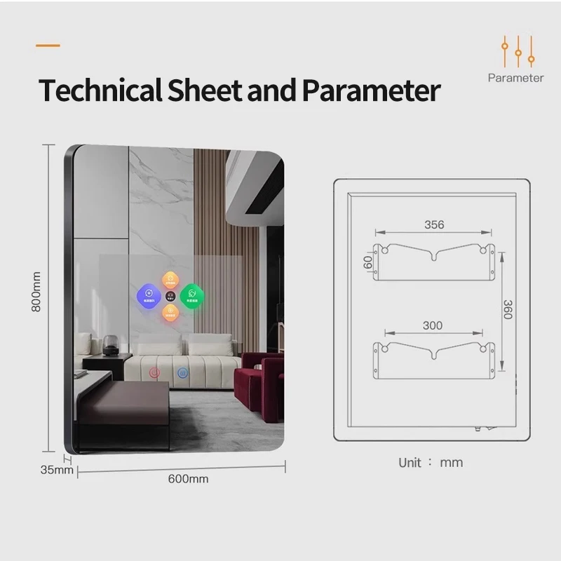 Cermin Penerangan Cerdas yang Dapat Disesuaikan dengan Lampu LED, Kamar Mandi, Hotel, Layar Iklan Cermin