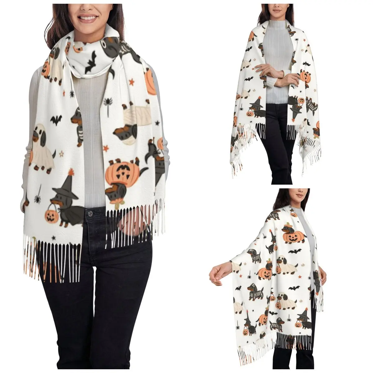 Halloween Dachshund Dog Shawl Wrap Women Warm Single-sided Pattern Scarf Bat Pumpkin Pashmina Shawl Scarves