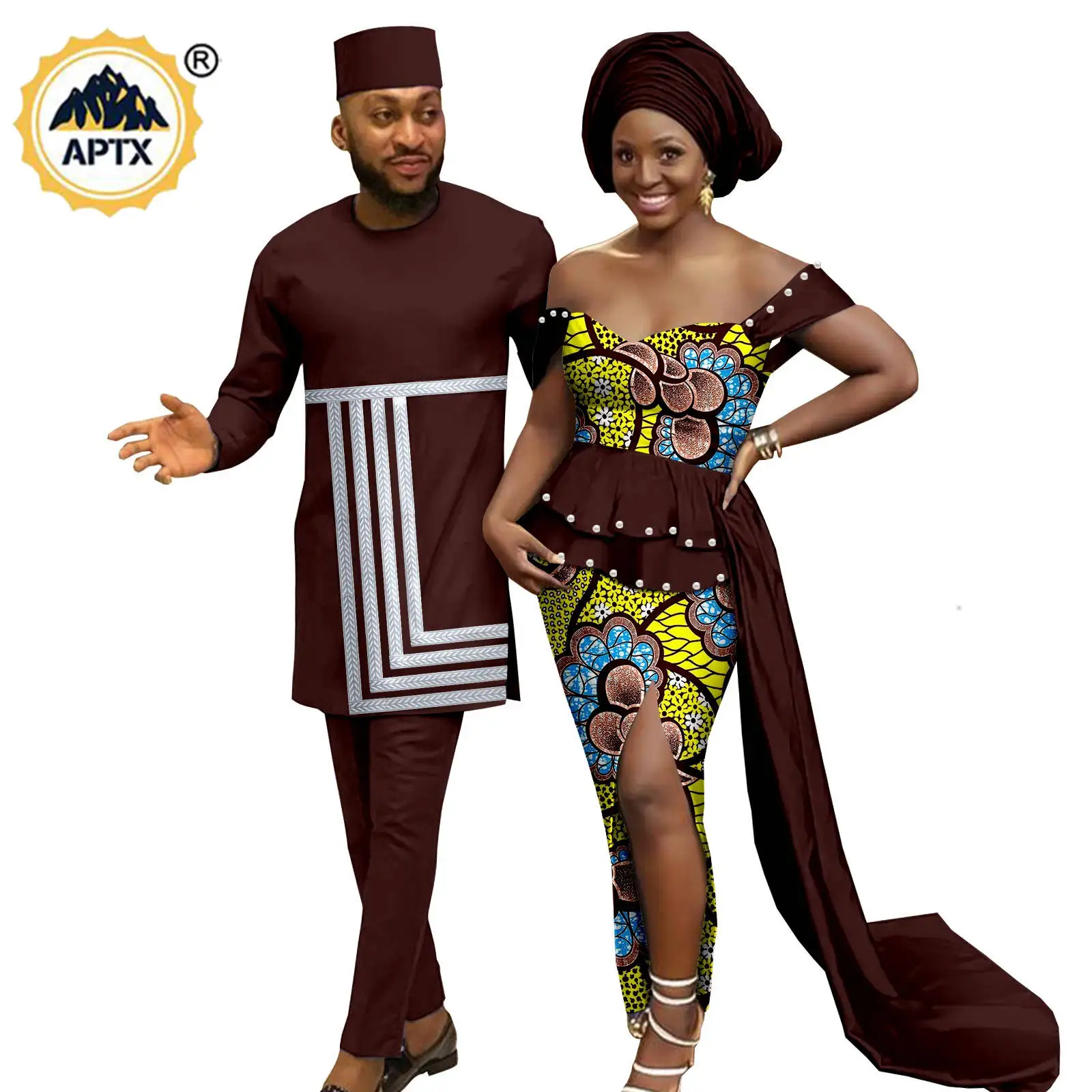 African Matching Couple Outfits Bazin Riche Men Hat Top and Pant Sets Dashiki Sexy Women Print Dresses with Headwrap Y23C092