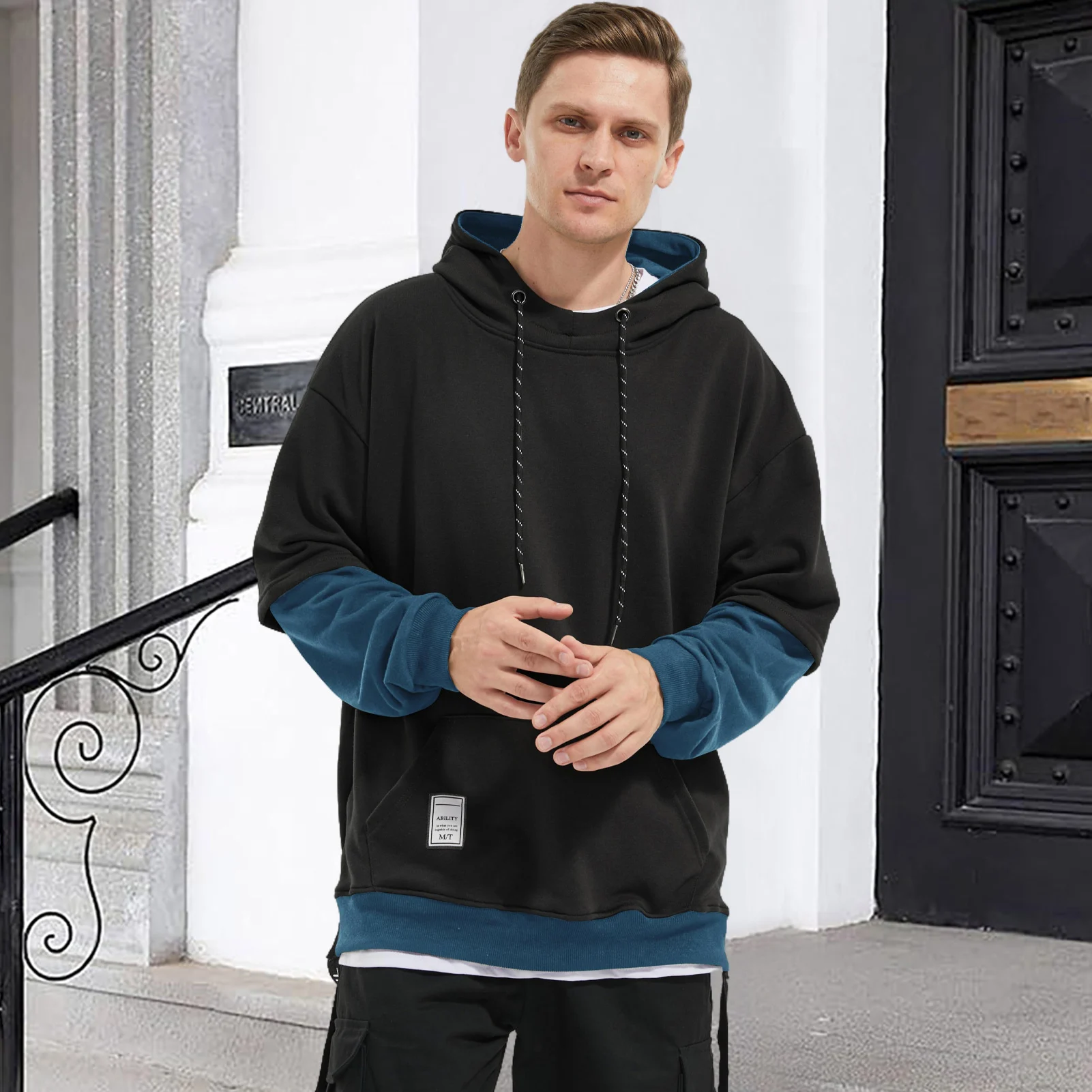 Mens Colorblock Pullover Casual Hoodie Hip Hop Tops Unisex Hooded Sweatshirt with Design