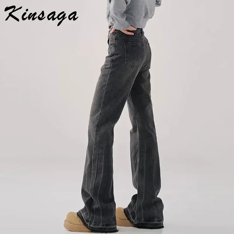 Kinsaga Black Gray Fringed Slightly Flare Jeans Women Pear Shape High Waist Slimming Draged Mopping Denim Pants Wide Leg Jeans