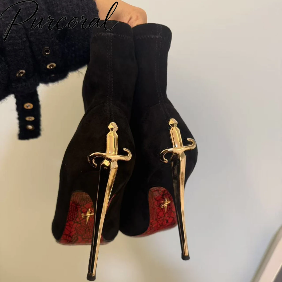 Women Pointed Toe Stretch Ankle Boots Golden Sword Shaped Stiletto Heel Booties Red Sole Suede High Heel Slim Fit Short Boots