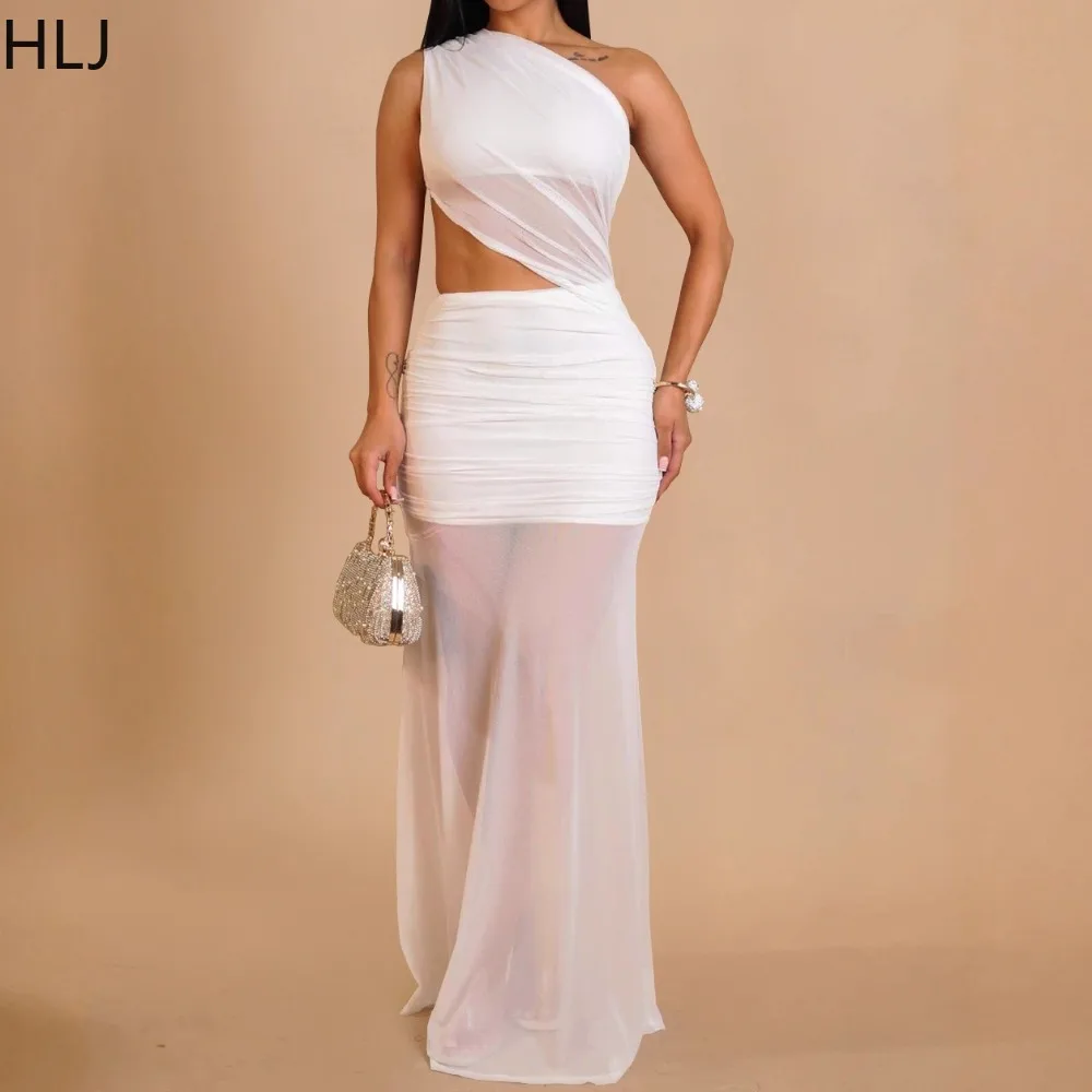 

HLJ Sexy Mesh Hollow Out Bodycon Long Dresses Women Solid Inclined Shoulder See Through Dress Female Streetwear Vestidos 2025