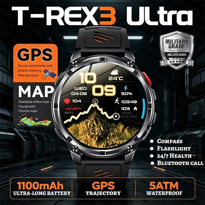 

T-REX 3 Ultra Smart Watch 1100mAh Long Battery 5ATM Waterproof GPS Bluetooth Call Heart Rate Health Monitor Sports Watch for Men