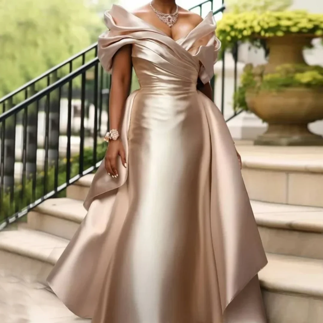 

Elegant Off Shoulder Satin V-Neck Floor Length Wedding Guest Dress Mermaid Mother of the Bride Dress For Wedding Customized