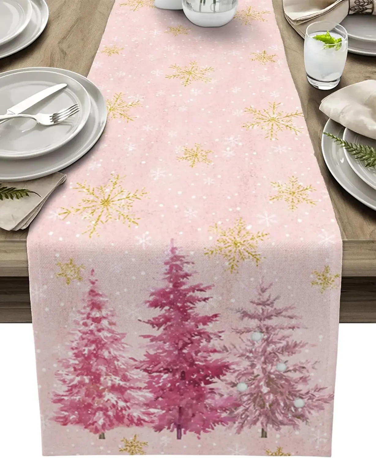 Christmas Pink Pine Tree Gold Snowflake Linen Table Runners Dresser Scarf Decor Durable Dining Table Runners Wedding Decoration