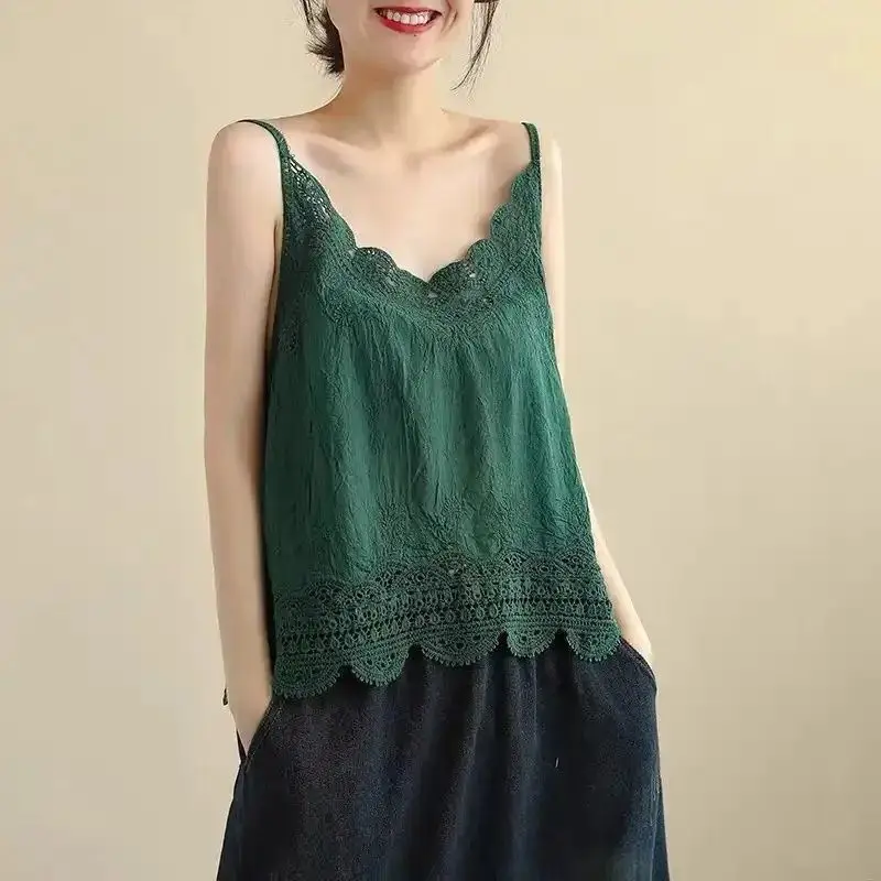 Summer Womens Cotton And Linen Suspender Lace Vest Top