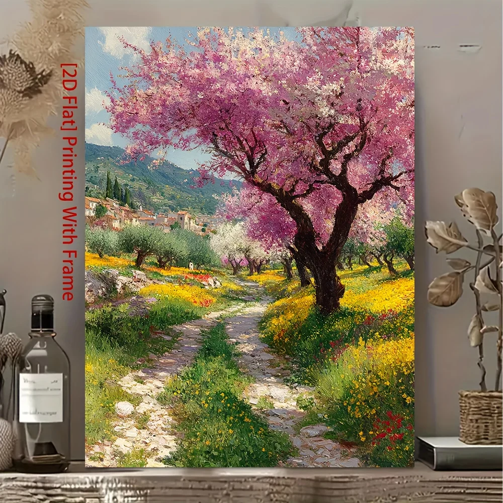 2D Flat, 1pc Claude Monet Spring Blossoms Framed Canvas Painting - Impressionist Orchard Landscape Wall Art Suitable for Roma