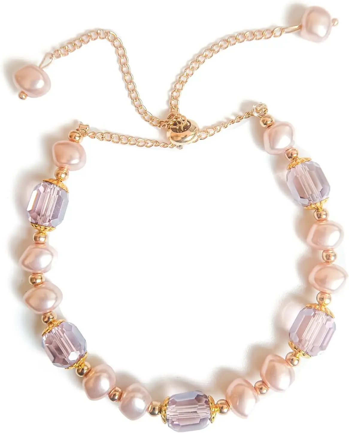 dainty simulated rose-gold pearl and artificial purple crystal bracelet golden adjustable chain Baroque pearl lucky bracelets jewelry gifts for women