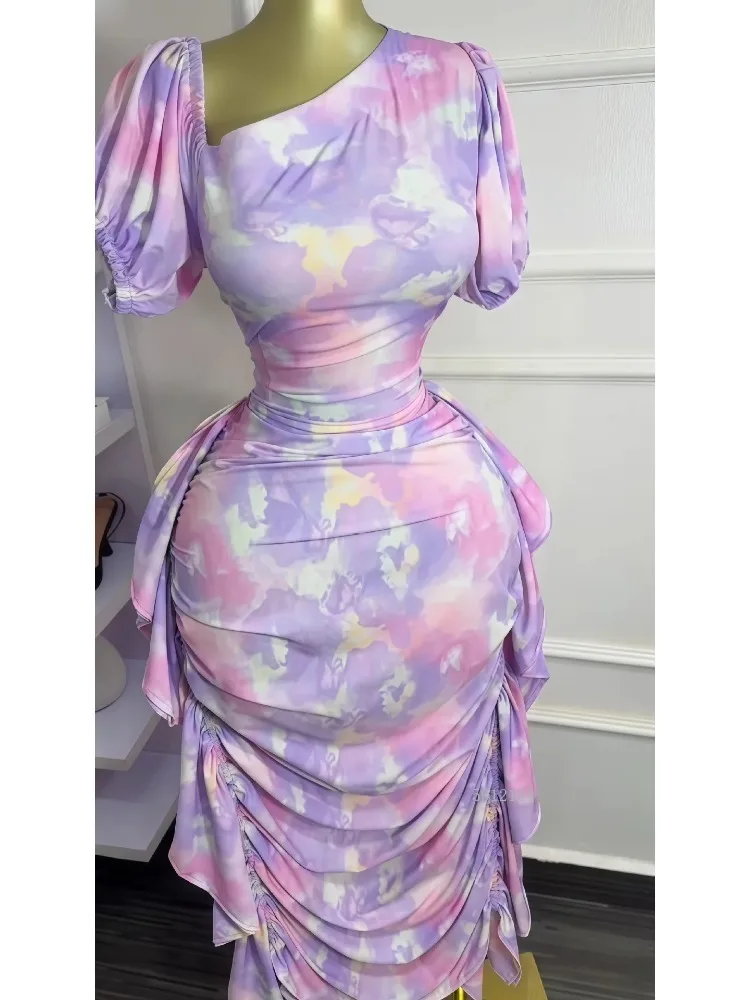 Femmes élégantes cravate colorant imprimé col incliné froncé empilé moulante Midi Maxi longue robe 2026 vacances Sexy robes robes