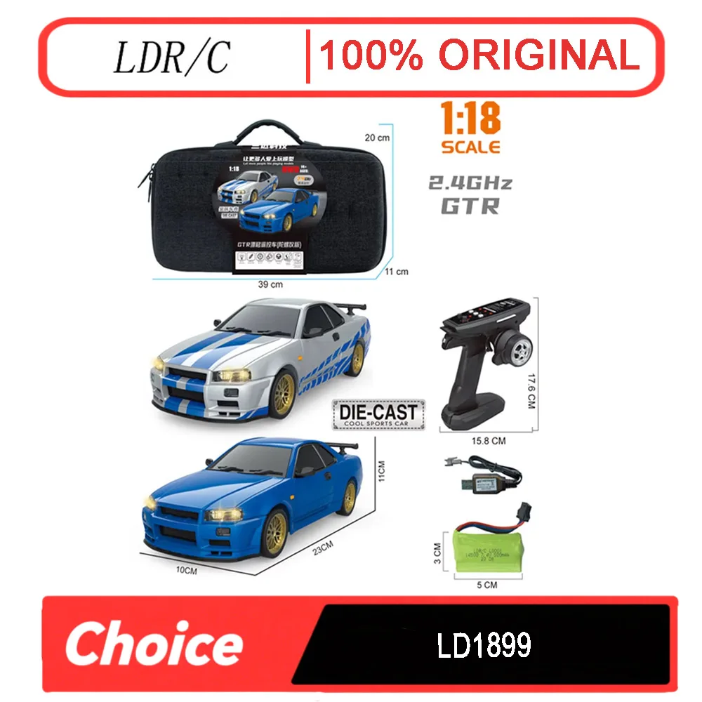 

LDRC 1899 1/18 RC Drift Car LD1899 GTR Mode R34 2.4GHz RWD with Gyroscope on-Road Alloy Body Shell Racing Car for Boys Gifts
