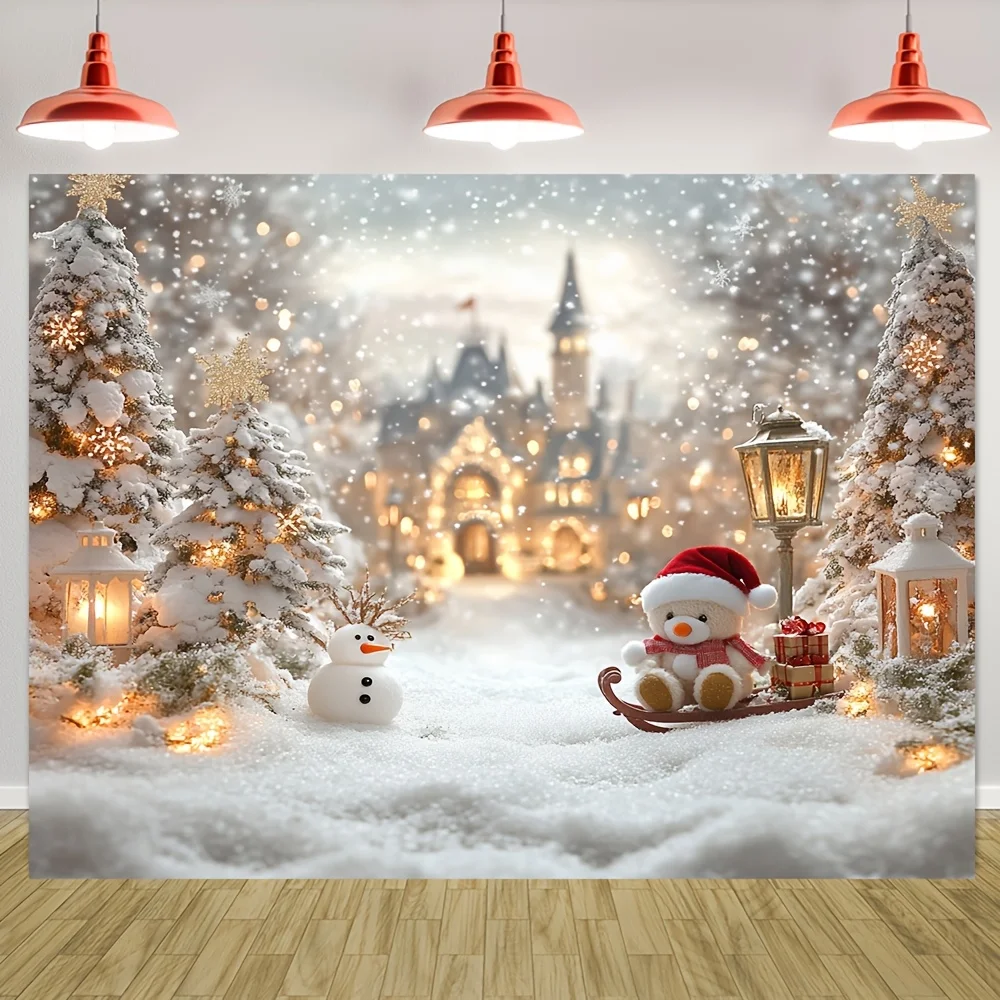 Un morceau plat 2D de fond de Noël en polyester miracle d'hiver, avec un bonhomme de neige et une scène de château, pour la décoration de fête de famille