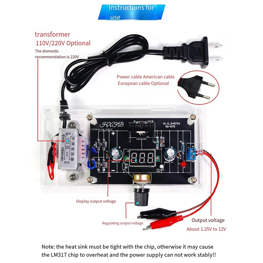 

ABLQ LM317 Регулируемый регулируемый источник питания DIY Kit LM317 для постоянного тока 1,25-12 В Стабилизированный источник питания (с корпусом)