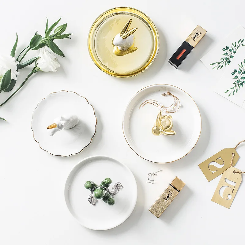 

Nordic Ceramic Gold plating Small Jewelry Dish Earrings Necklace Ring Storage Plates Fruit Dessert Display Bowl Decoration Tray